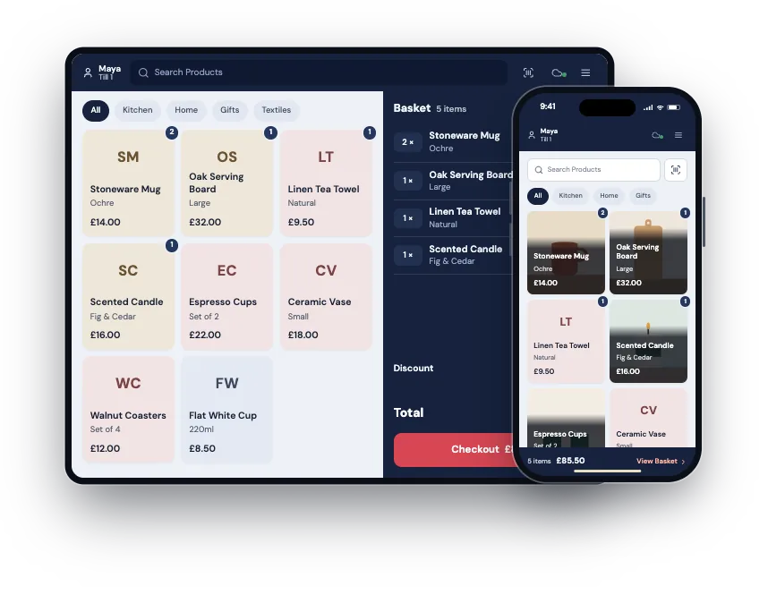 The Nexabyte POS till on an iPad and an iPhone, in front of the web dashboard's Products page