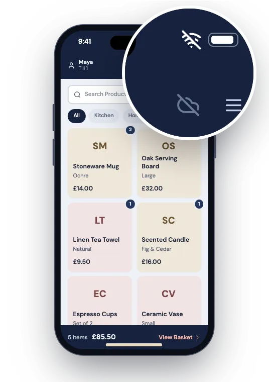 The till on an iPhone selling with no internet connection, with its no Wi-Fi and offline icons enlarged