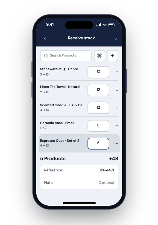 The till on an iPhone receiving a delivery of five products into stock